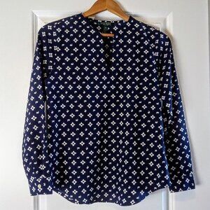 Lauren Ralph Lauren Navy Blue White Print Top NWT